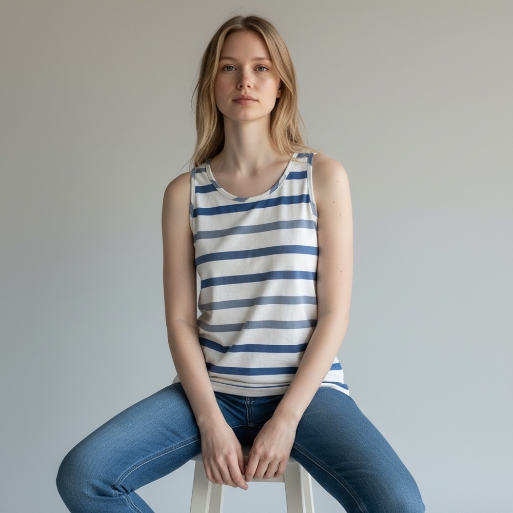 CAbi blue & white striped top. Stripes alternate from bright to faded. Size M W - Picture 1 of 5